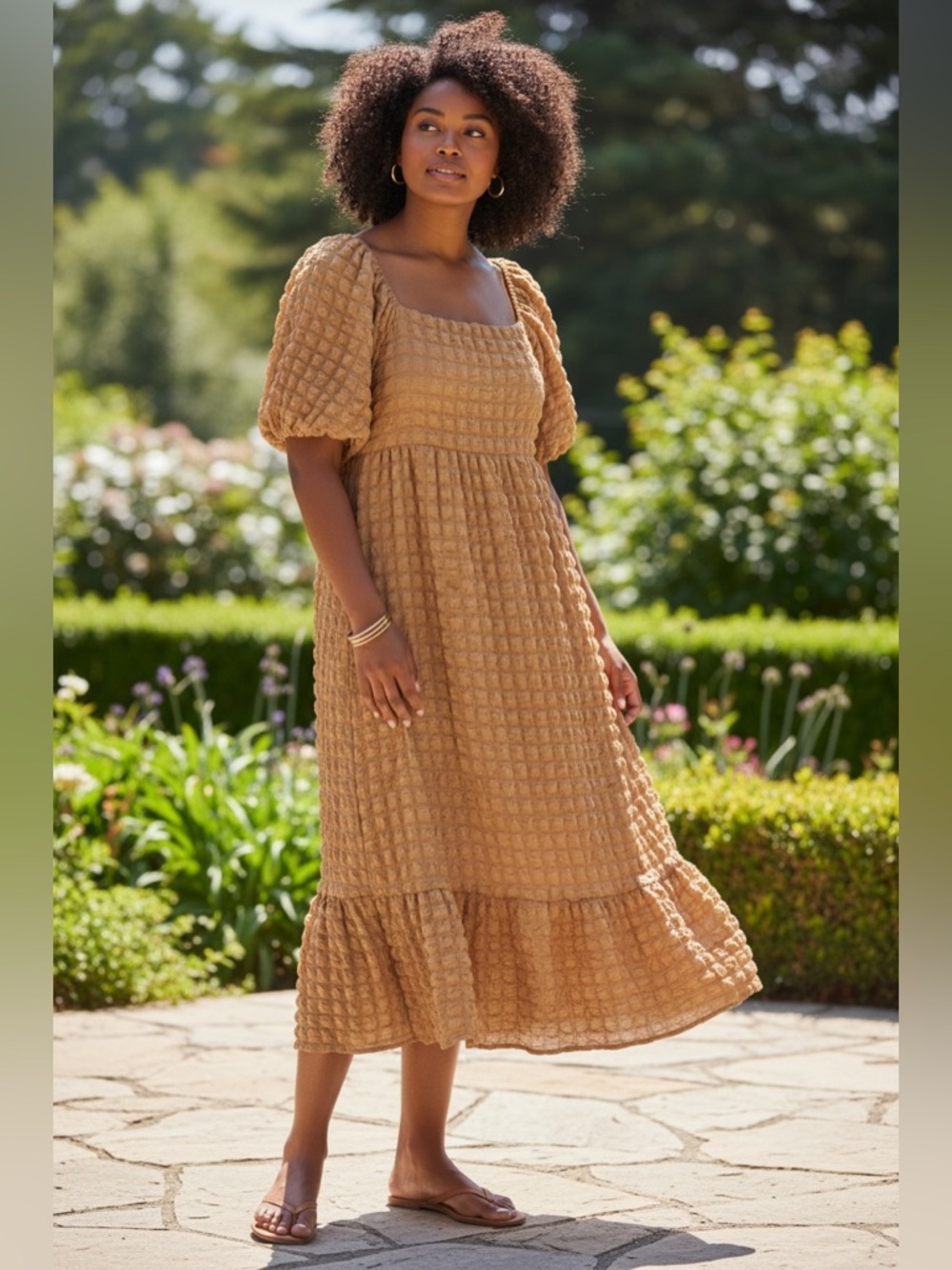 Simply Southern Camel Textured Puff-Sleeve Midi Dress